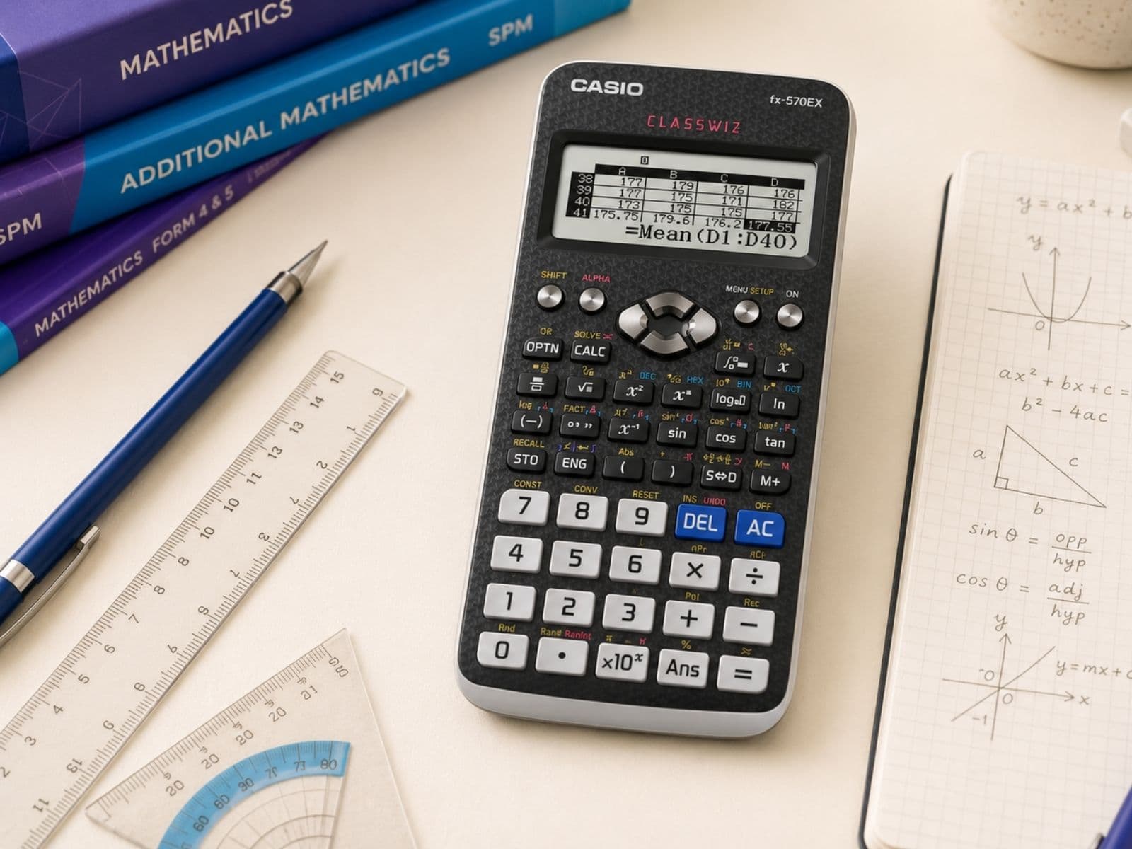 Casio fx-570EX ClassWiz bersama buku ulang kaji Matematik SPM