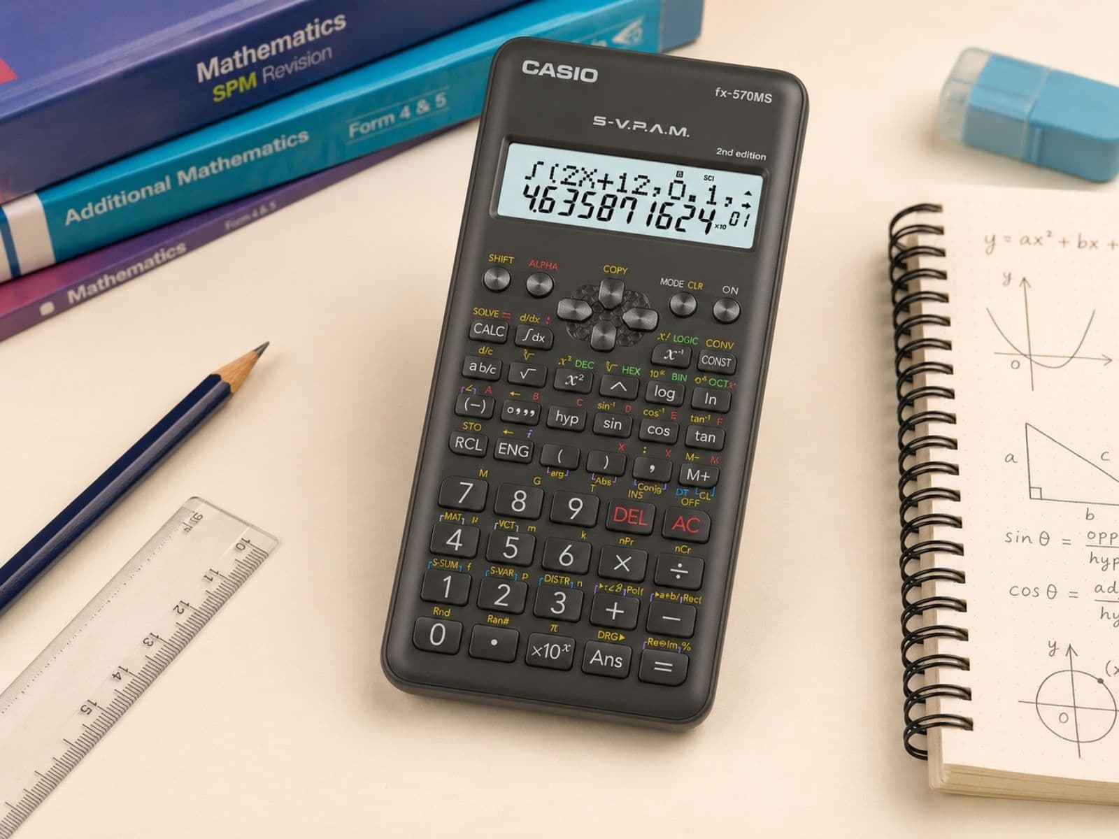 Casio fx-570MS di atas meja belajar Matematik